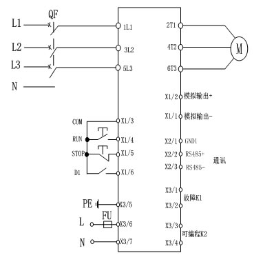 CMC-MX內(nèi)置旁路軟起動(dòng)器基本接線原理圖、三角形內(nèi)接連接圖和典型應(yīng)用接線圖(圖1)